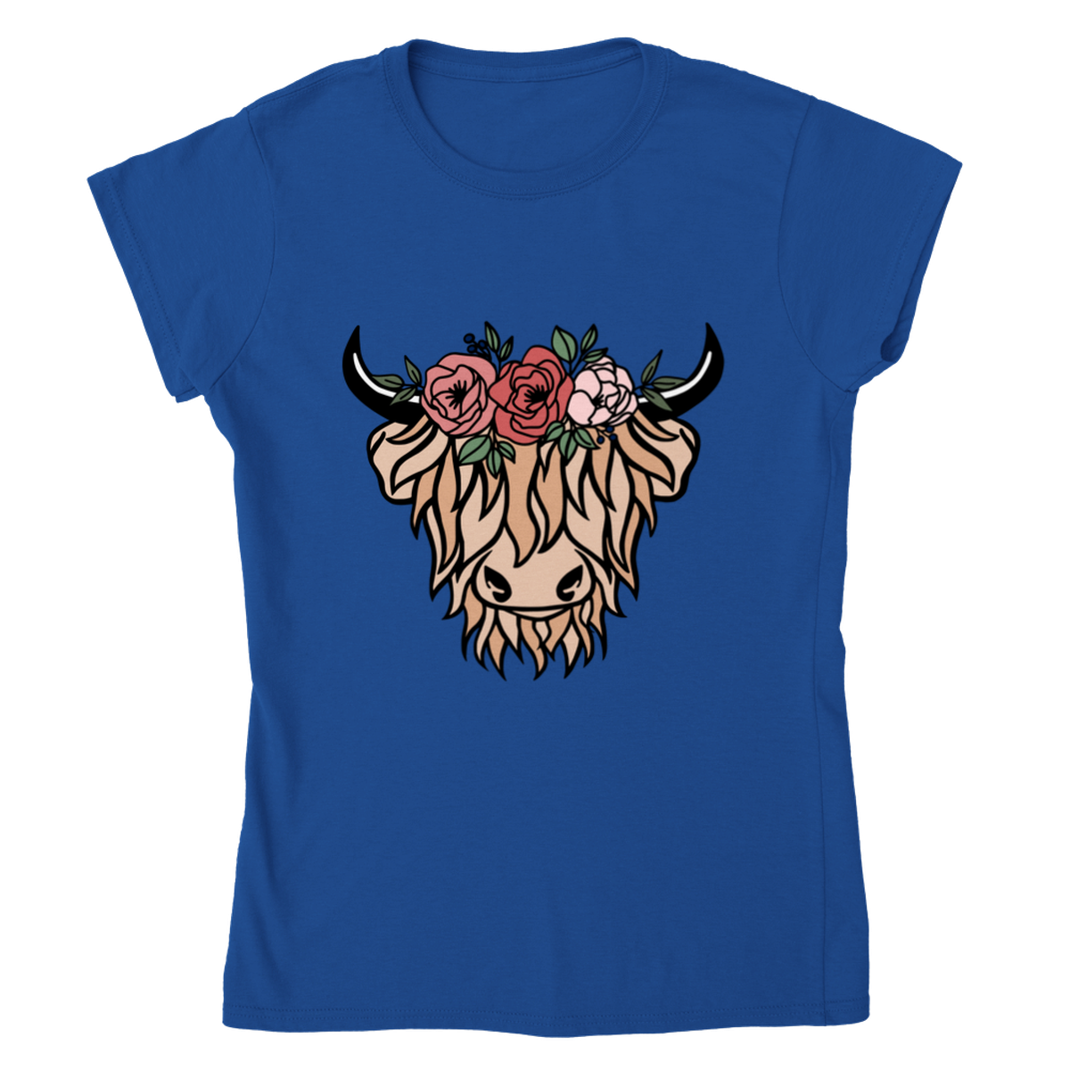 Highland Cow in a Floral Crown Womens Crewneck T-shirt