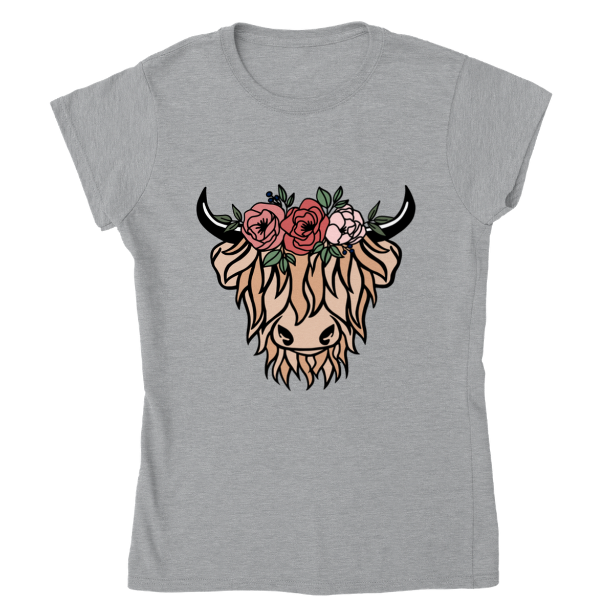 Highland Cow in a Floral Crown Womens Crewneck T-shirt