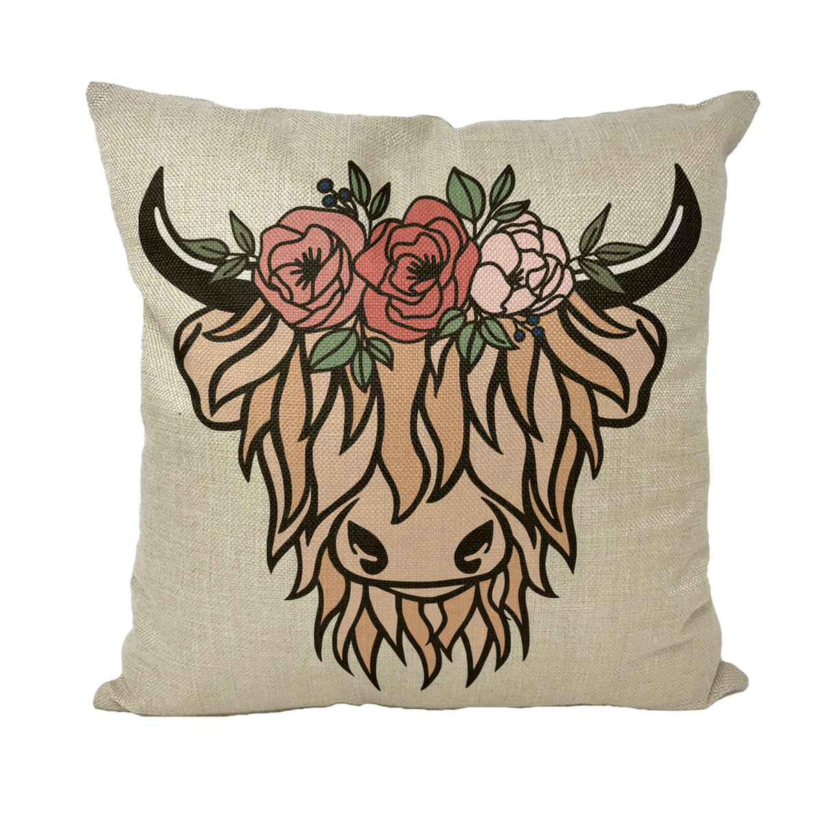 Highland Cow in a Flower Crown Cushion