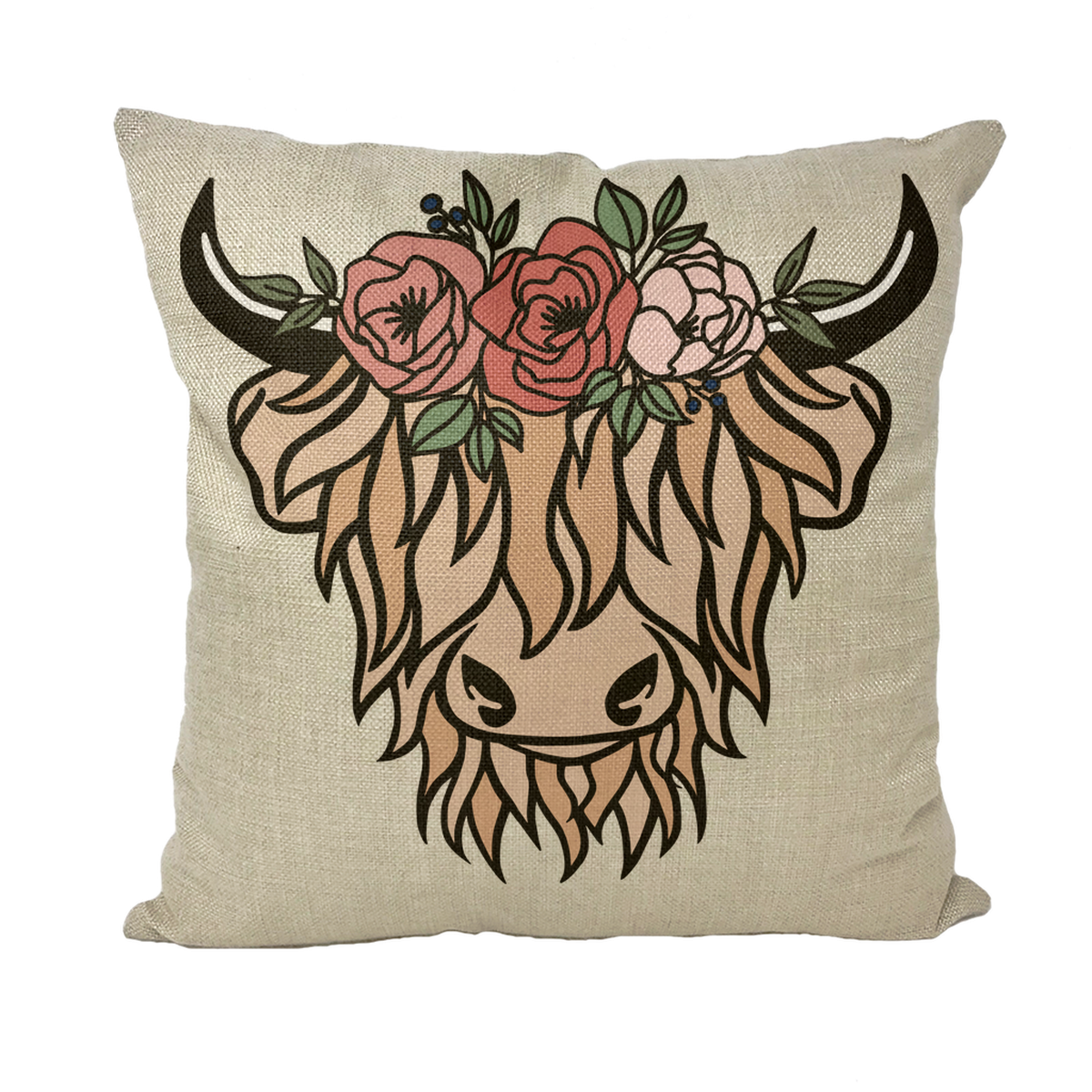 Highland Cow in a Flower Crown Throw cushion covers